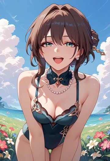 star rail,ruan mei,retro style swimsuit,frilled neckline,bow detail  - AI generated anime art